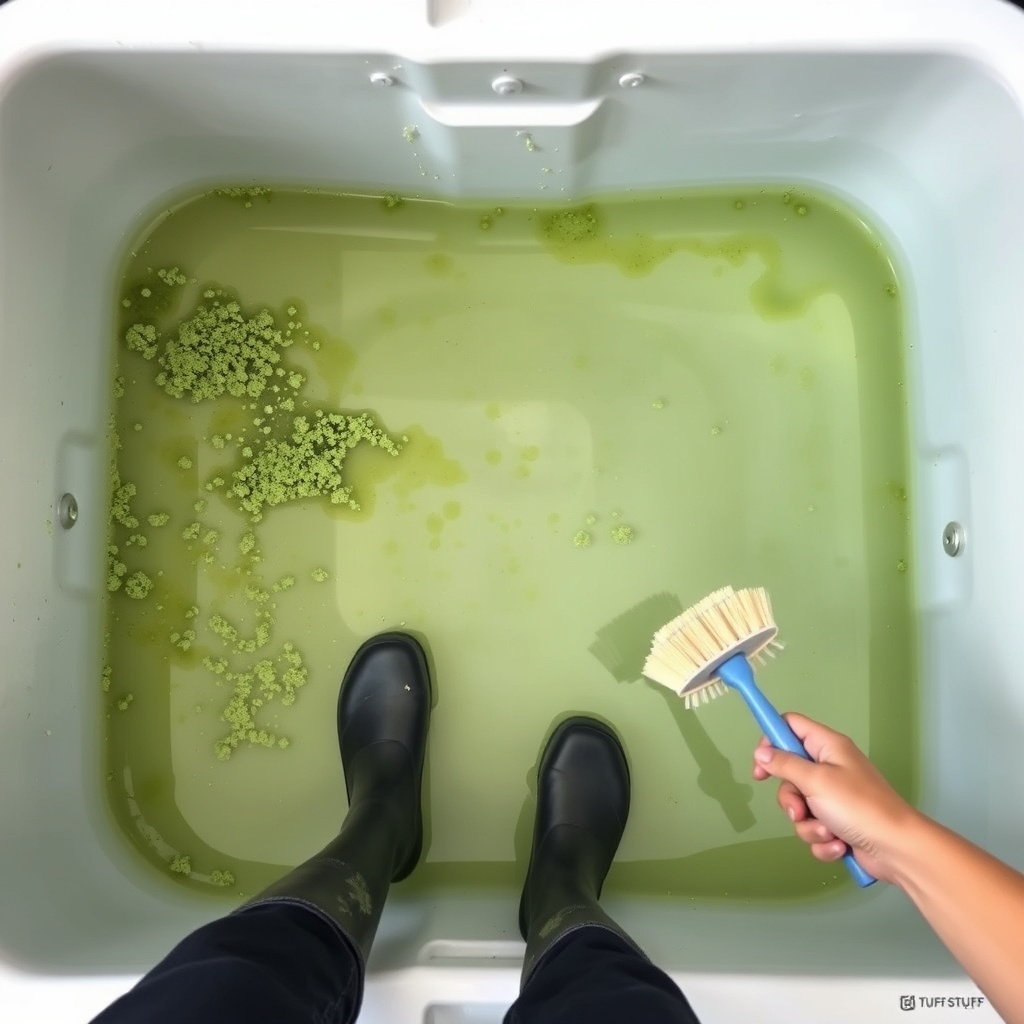 A photorealistic overhead shot of a Tuff Stuff 200-gallon stock tank showing algae buildup