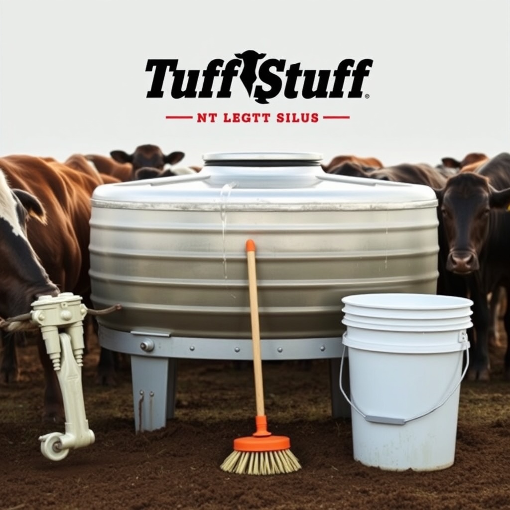 A photorealistic photo showing a clean Tuff Stuff 200-gallon stock tank with fresh water