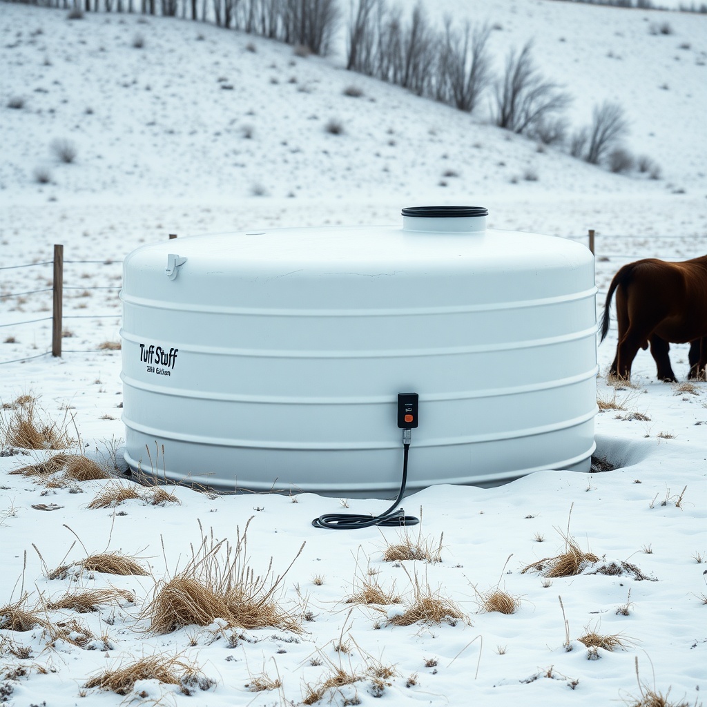 <clean photorealistic photo of a Tuff Stuff 200-gallon stock tank in a snowy pasture with