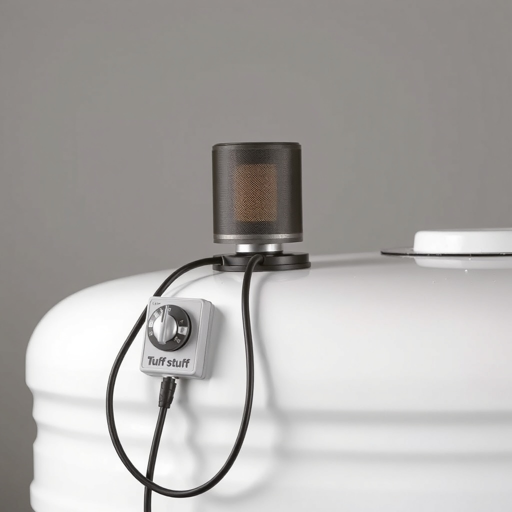 <clean photorealistic photo of a stock tank heater with a GFCI plug and thermostat dial