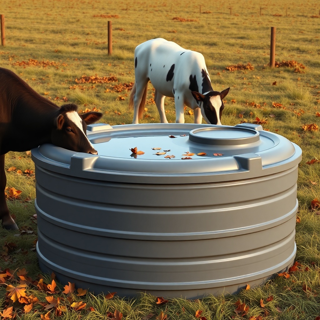 A clean photorealistic photo of a Rubbermaid 100-gallon stock tank set in a pasture during