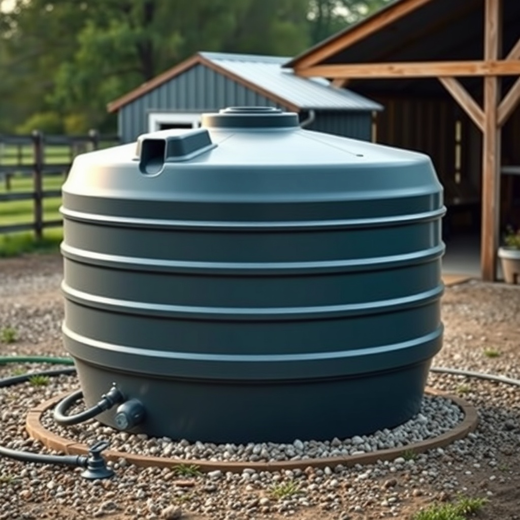 A clean photorealistic photo of a Rubbermaid 100-gallon stock tank installed on a gravel p