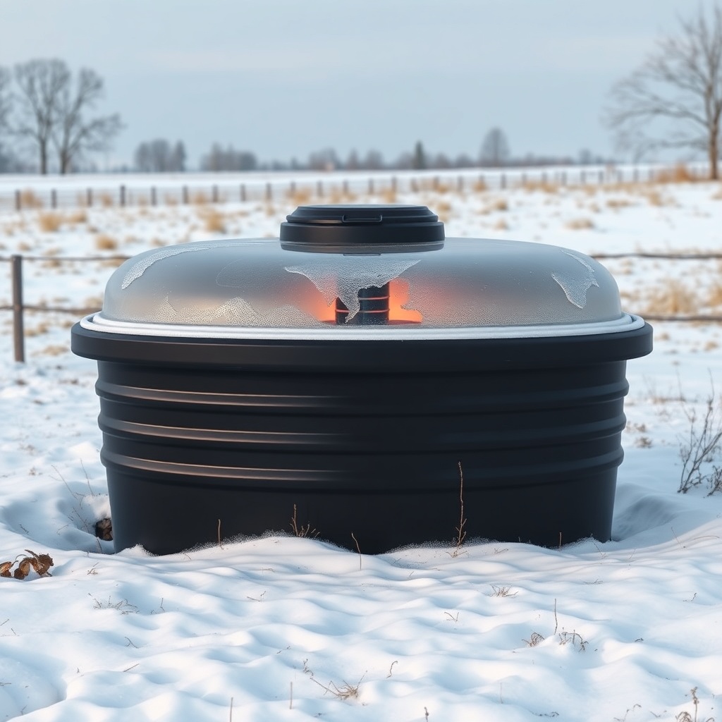 <photorealistic wide shot of a Rubbermaid 100-Gallon Stock Tank with light ice forming on