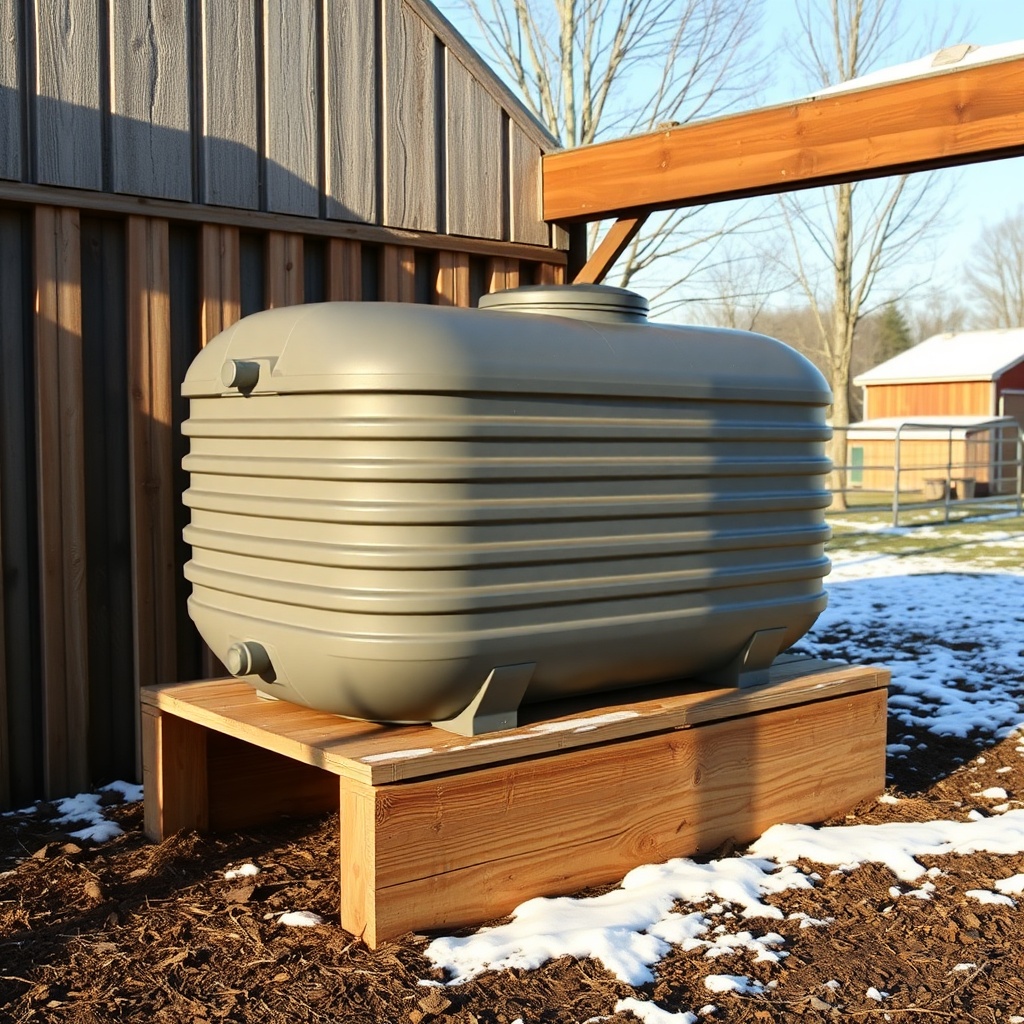 <photorealistic photo of a Rubbermaid stock tank placed on a raised wooden platform in a s