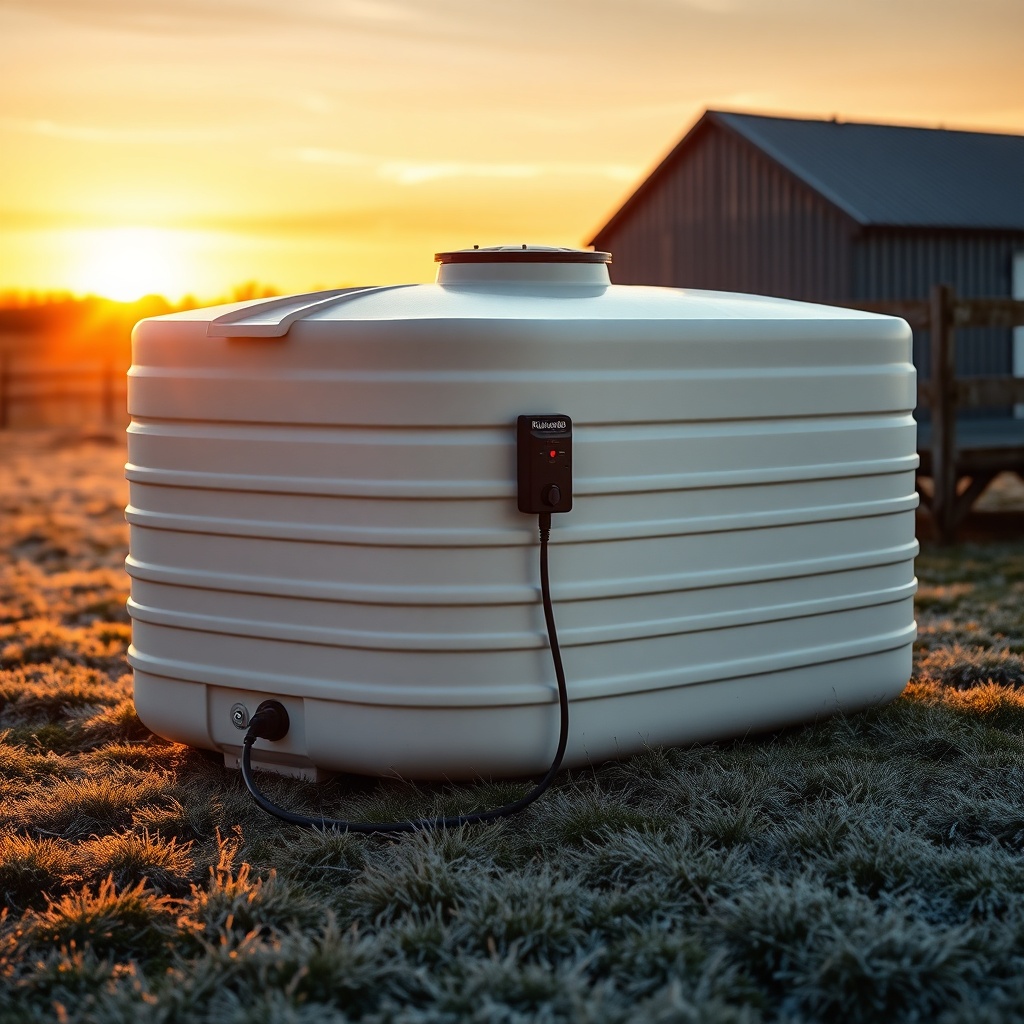 <clean photorealistic photo/illustration of a Rubbermaid 100-gallon stock tank with an ele