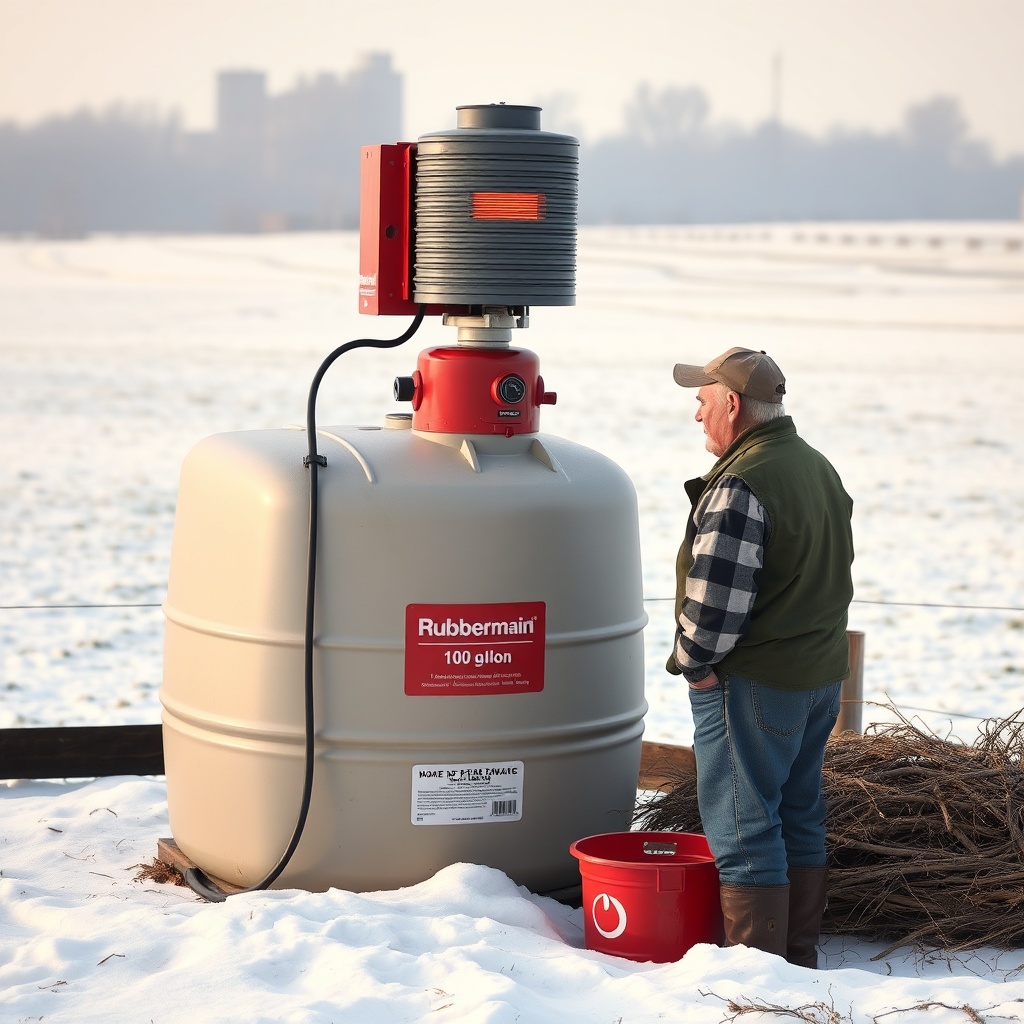 <clean photorealistic photo/illustration of a farmer examining a propane heater mounted ab