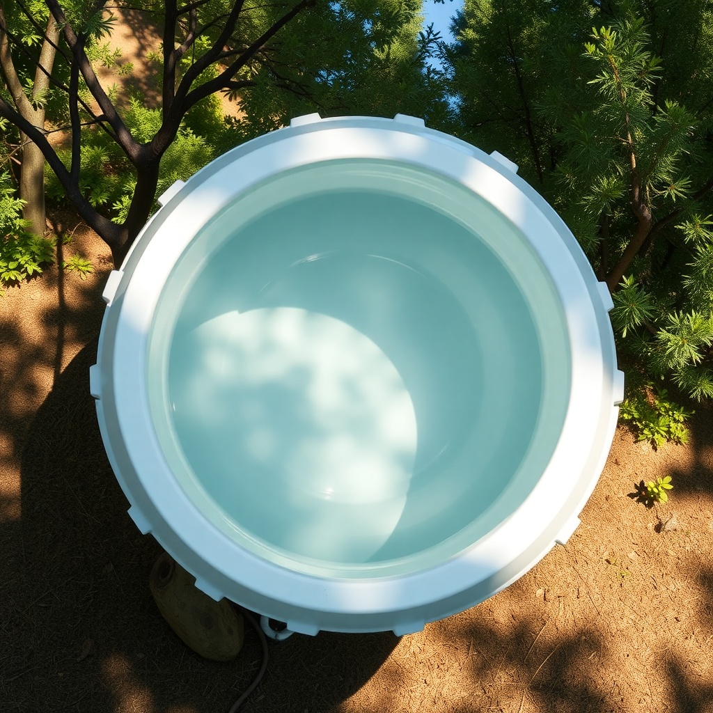 A photorealistic overhead shot of a Rubbermaid 100-Gallon Stock Tank half-filled with clea