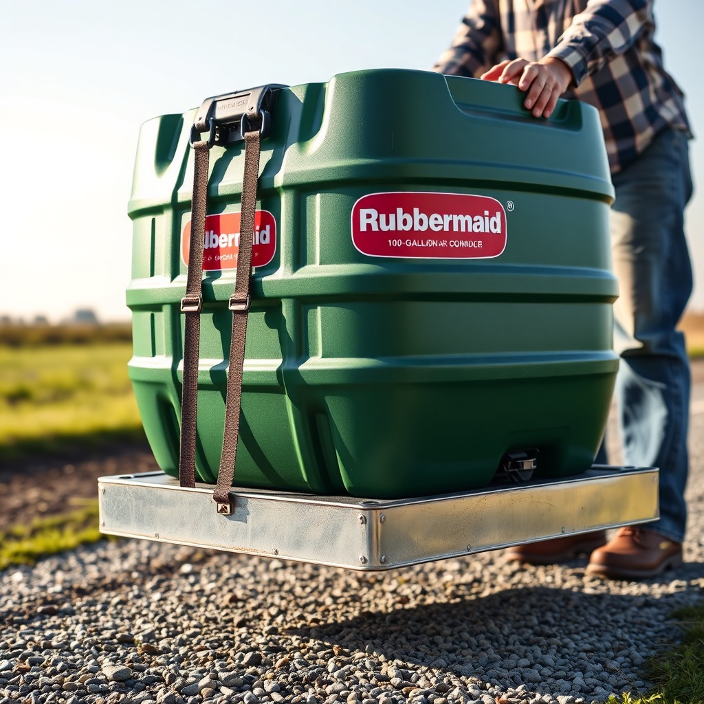 <clean photorealistic photo of a farmer using a heavy-duty dolly with ratchet straps to mo