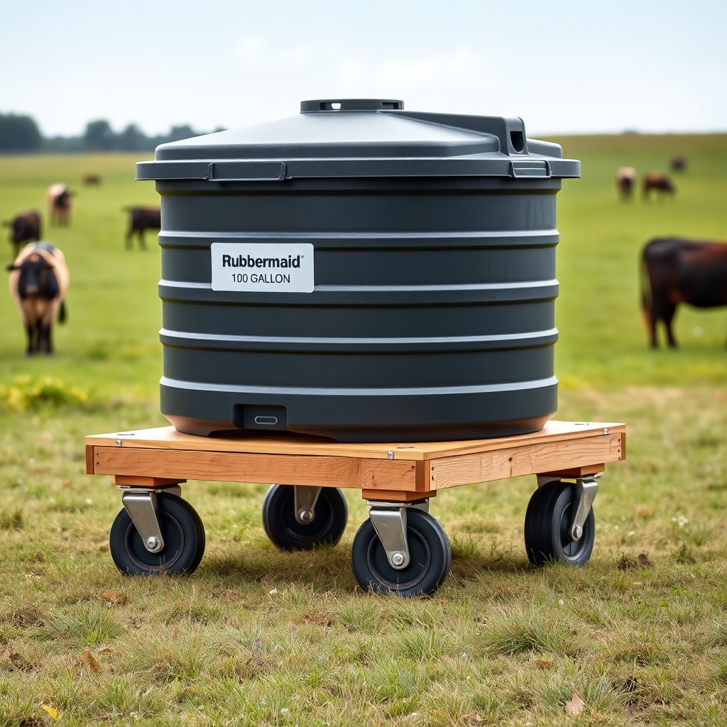 <clean photorealistic photo of a Rubbermaid 100-Gallon Stock Tank sitting on a custom wood