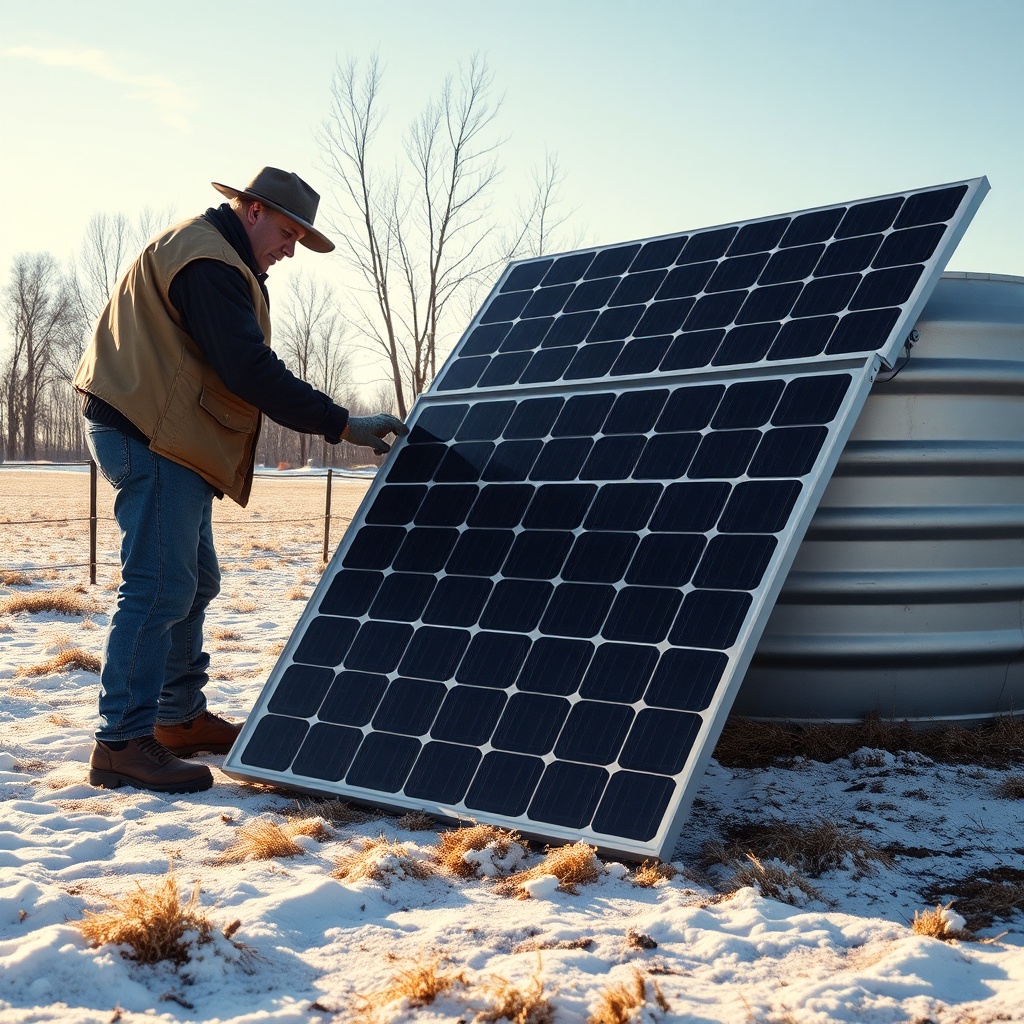 A low-angle shot of a livestock producer installing a flat solar panel near a Rubbermaid 1