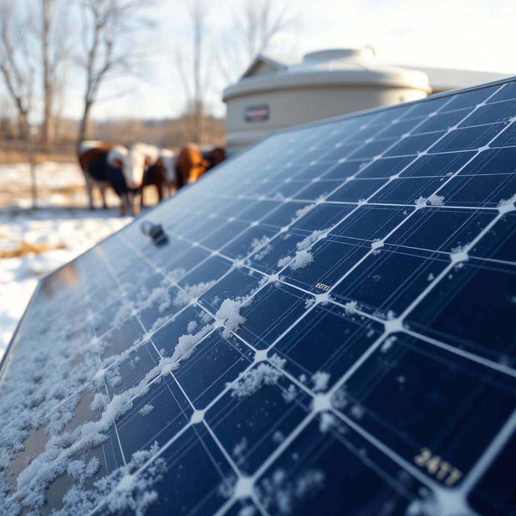 A close-up shot of a solar panel partially covered with frost