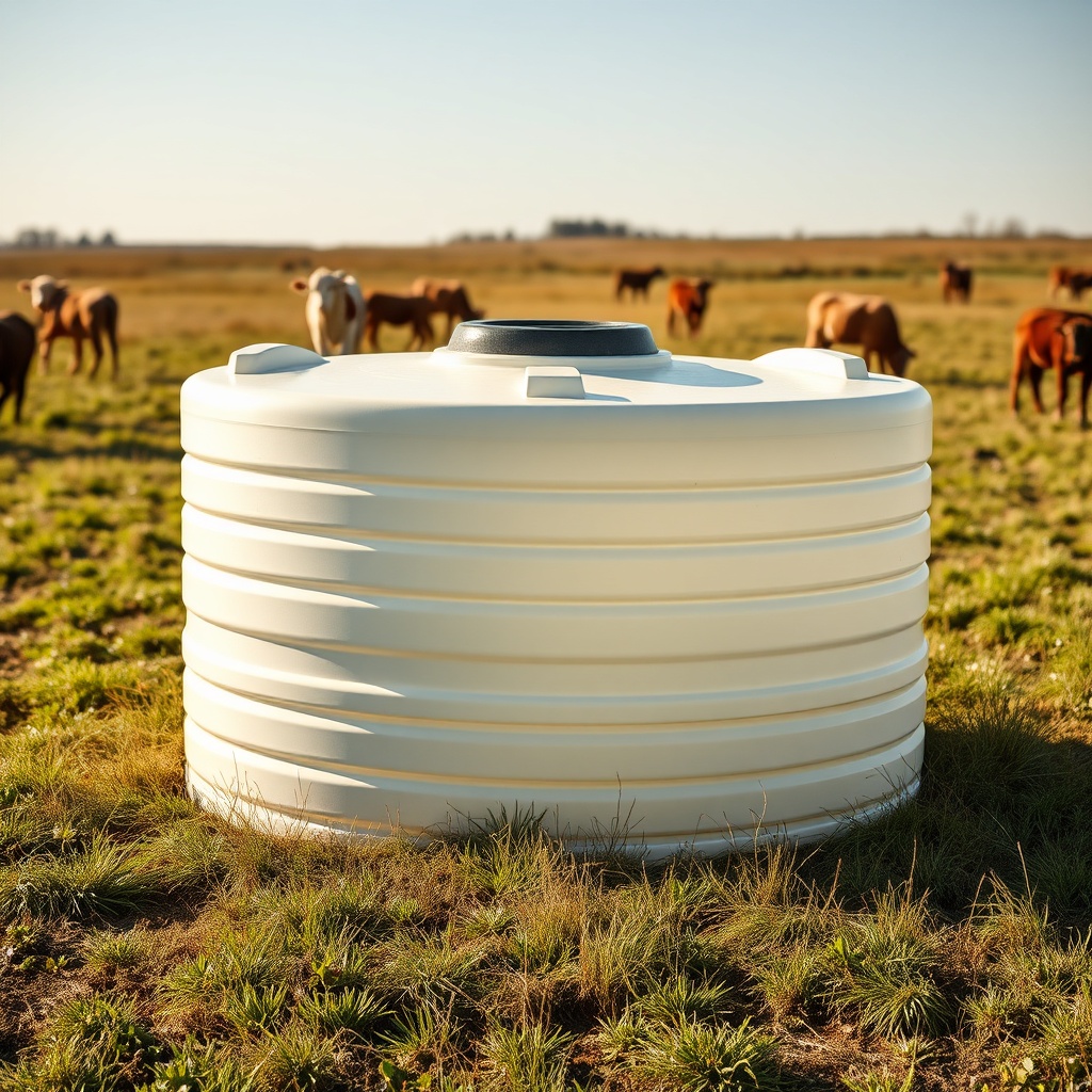 A photorealistic photo of a Rubbermaid 100-Gallon Stock Tank sitting in a sunlit pasture