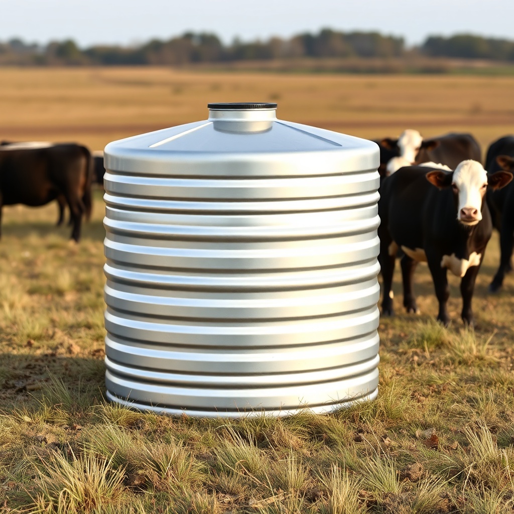 <clean photorealistic photo of a Rubbermaid 100-Gallon Stock Tank made of galvanized steel