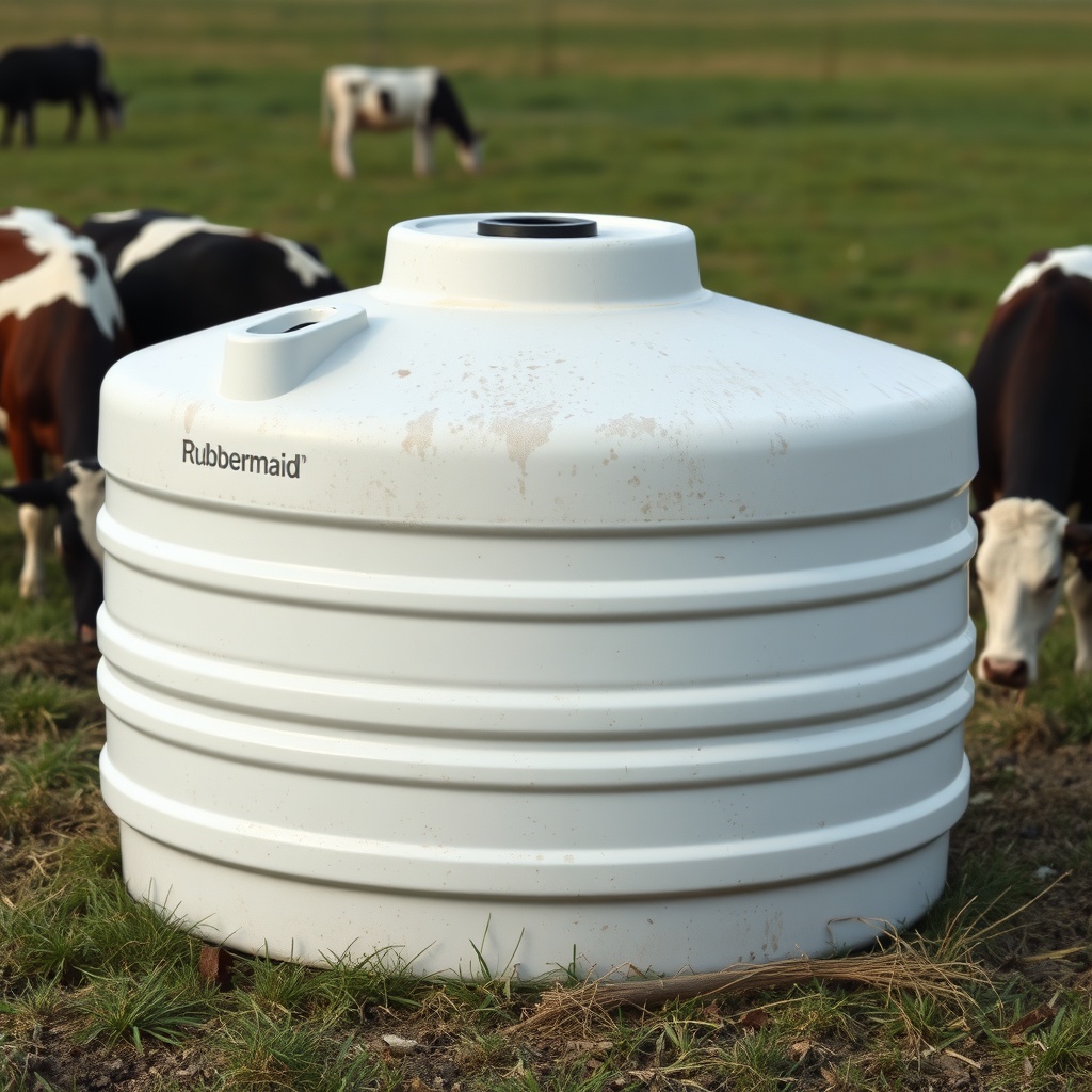 <clean photorealistic photo of a Rubbermaid 100-gallon stock tank sitting in a pasture wit