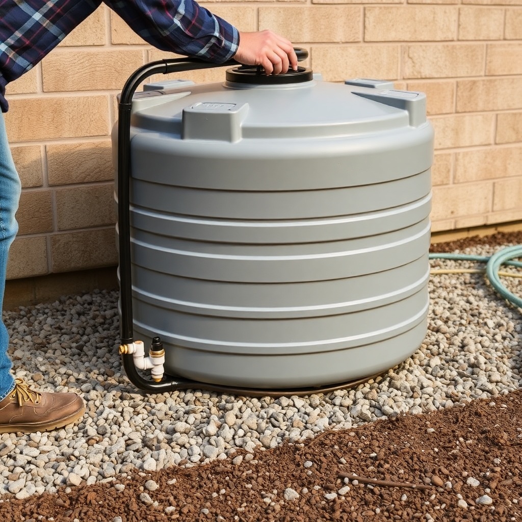 <clean photorealistic photo of a Rubbermaid 100-gallon stock tank being installed on a gra