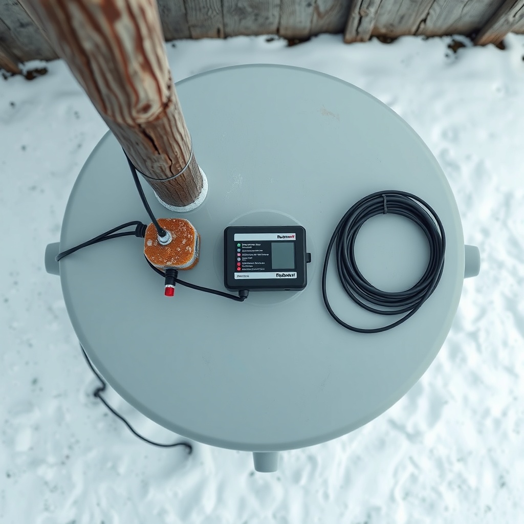 A photorealistic overhead view of a Rubbermaid 100-gallon stock tank with cables neatly ro