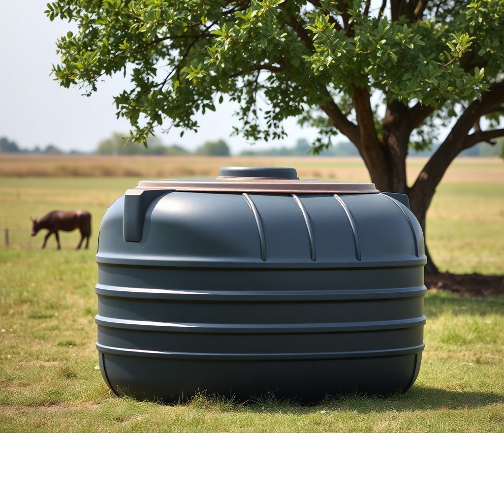 A photorealistic photo of a full Rubbermaid 100-gallon stock tank in a pasture with a floa