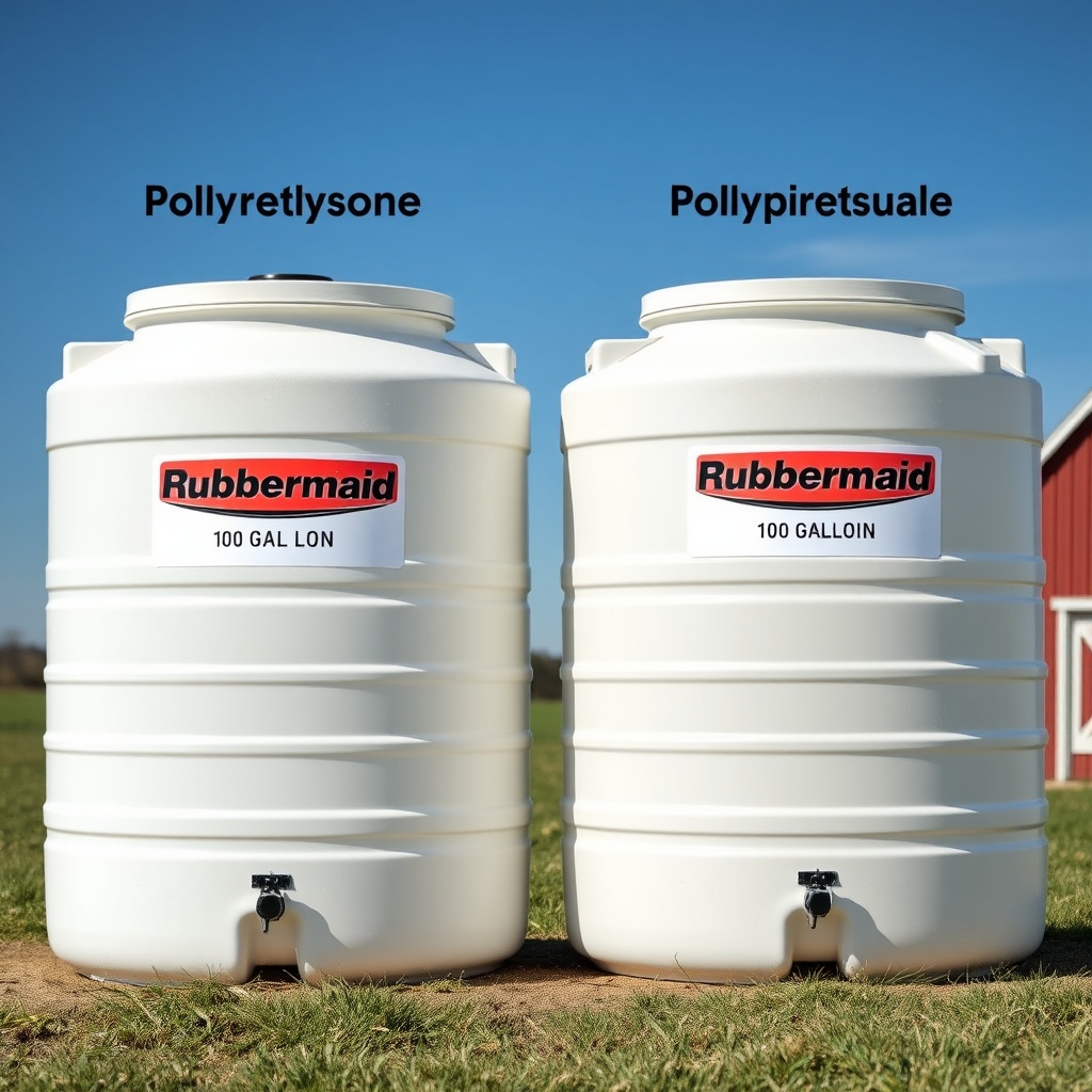 <clean photorealistic photo/illustration of two Rubbermaid 100-gallon stock tanks side by
