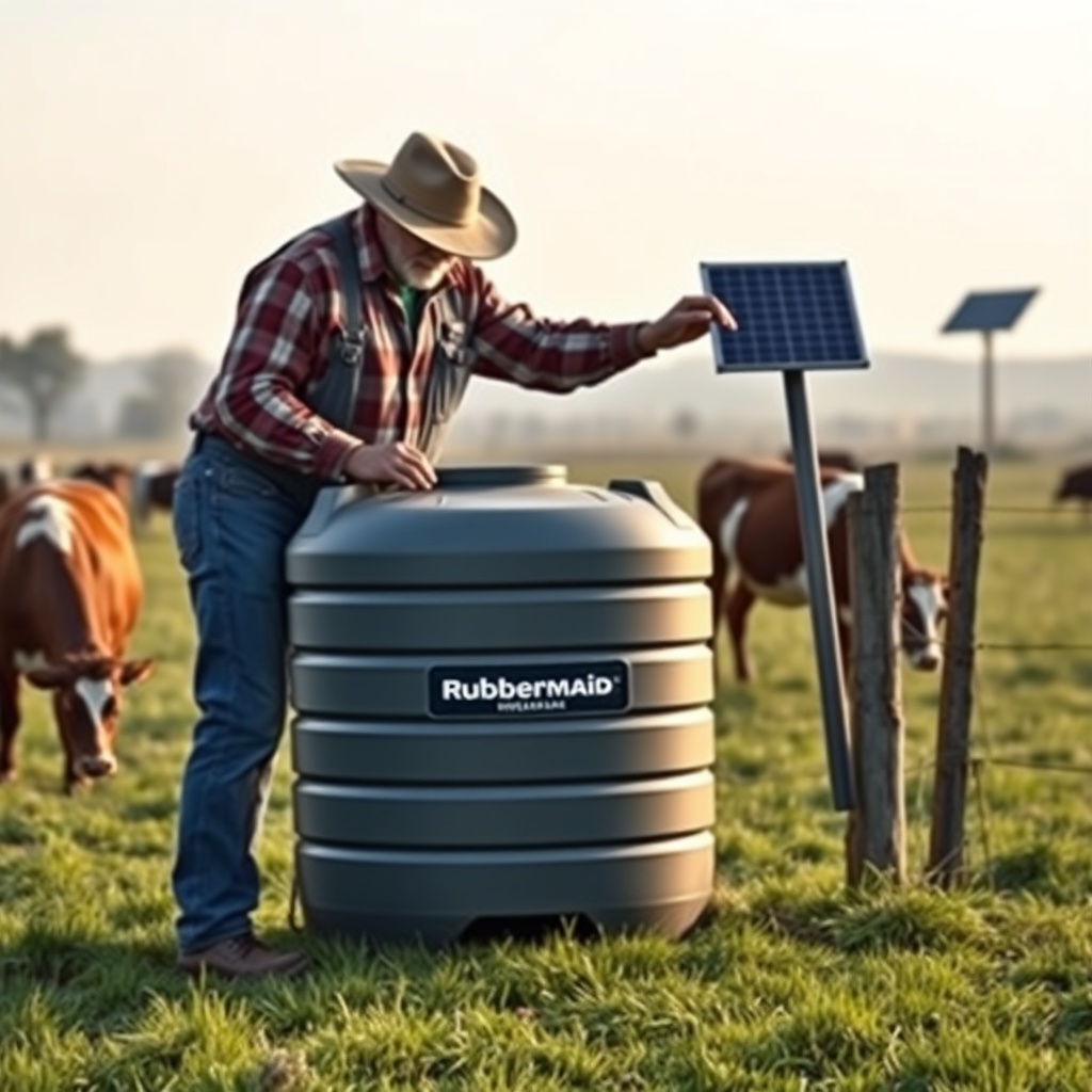 <clean photorealistic photo/illustration of a farmer inspecting a Rubbermaid 100-gallon st