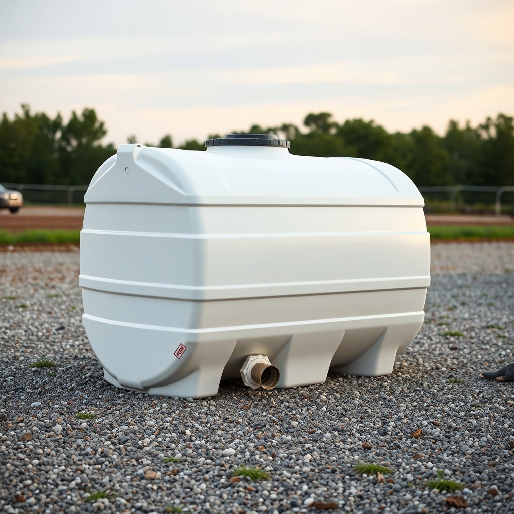 A clean photorealistic photo of a Rubbermaid 100-Gallon Stock Tank on a gravel farm lot