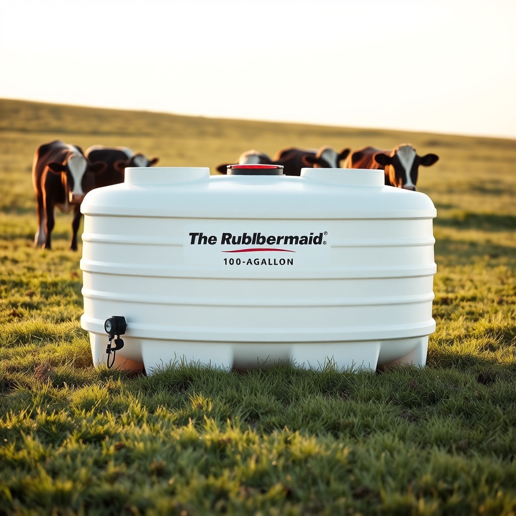 A clean photorealistic photo of the Rubbermaid 100-Gallon Stock Tank sitting on a grass fi