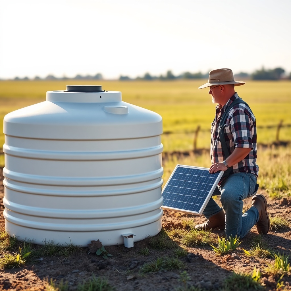 <clean photorealistic photo/illustration of a farmer installing a small solar panel near a