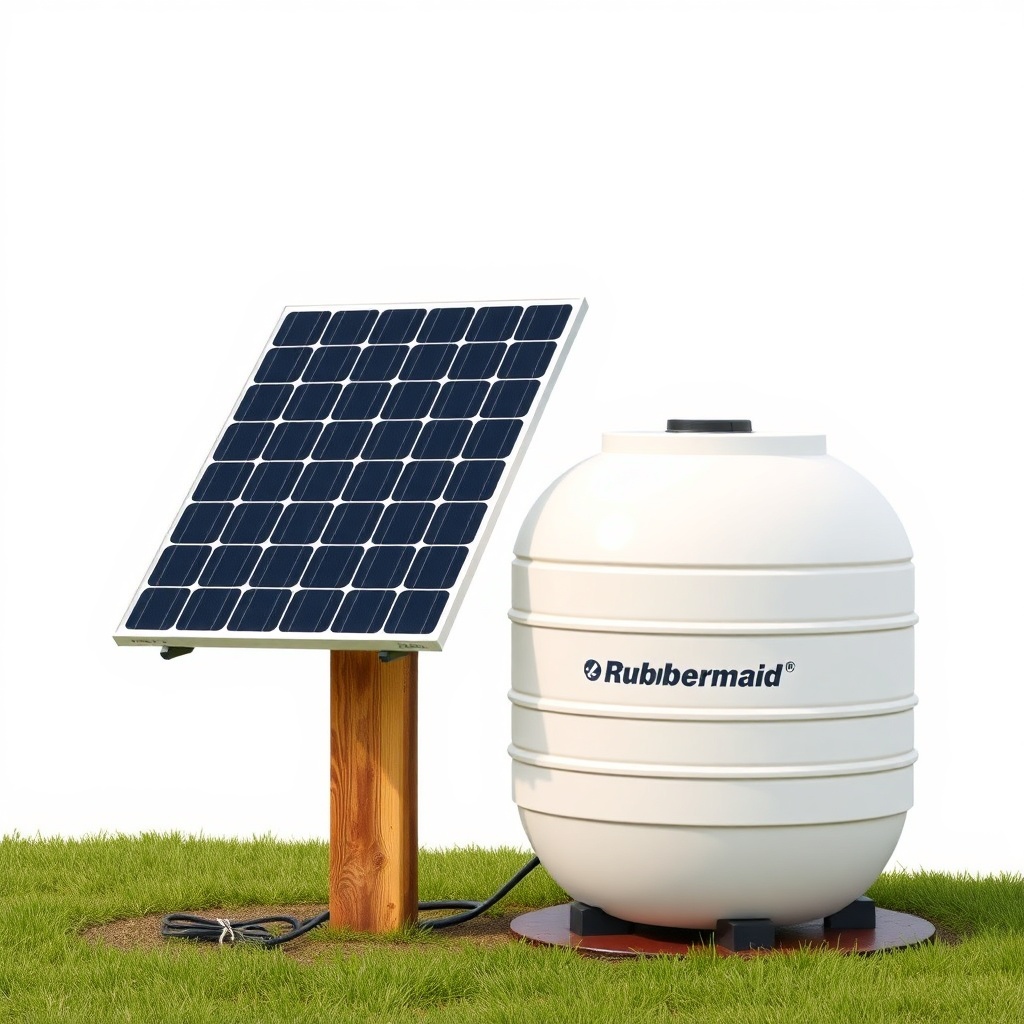 <clean photorealistic photo/illustration of a solar panel mounted on a wooden post beside