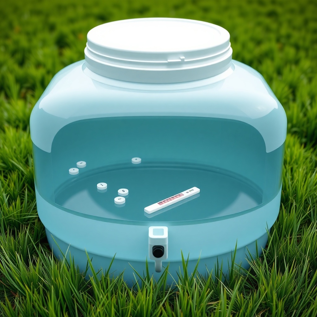 A photorealistic photo of a clean Rubbermaid 100-gallon stock tank in a pasture
