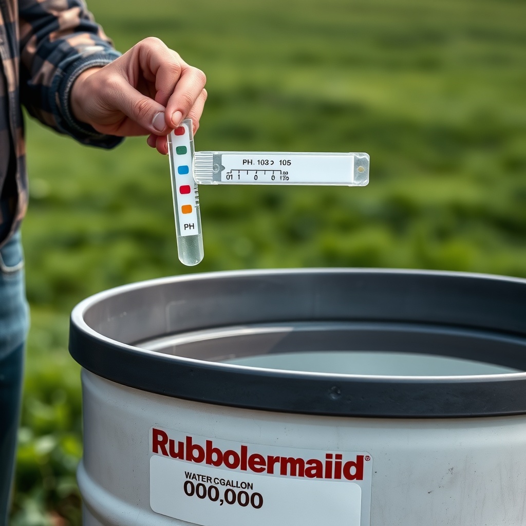A photorealistic photo of a livestock farmer holding a water quality test strip over a Rub