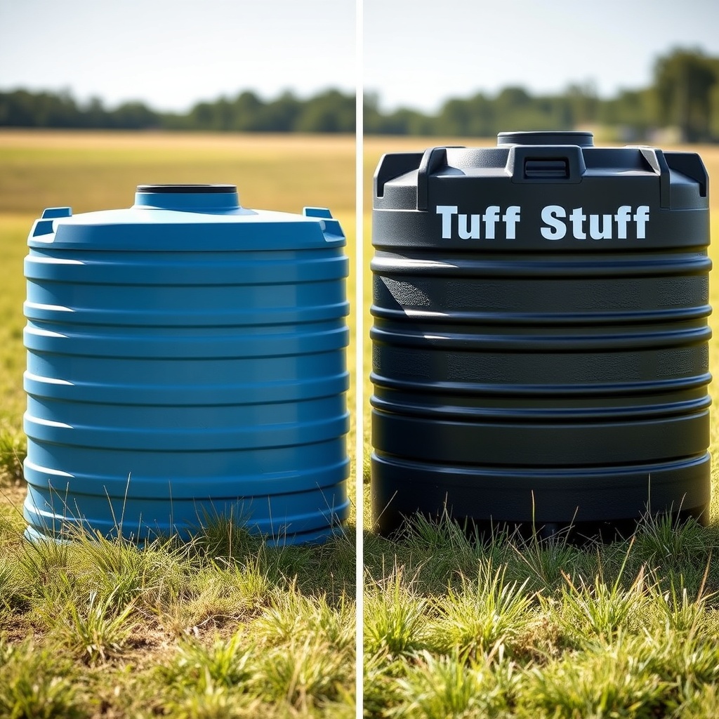 Realistic side-by-side photo of Rubbermaid 100-gallon tank (smooth blue side) next to Tuff