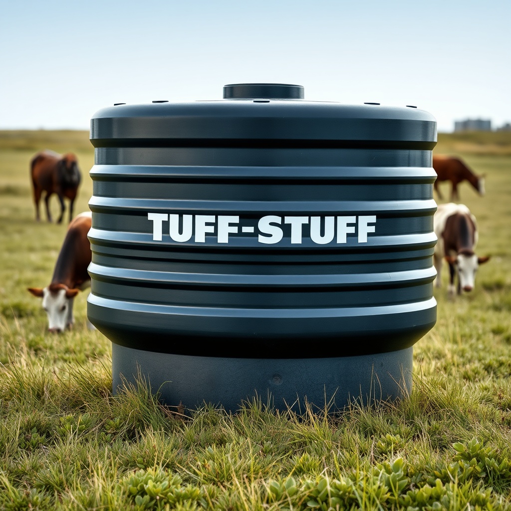 <clean photorealistic photo of a Tuff Stuff 200-gallon stock tank sitting in a grassy past