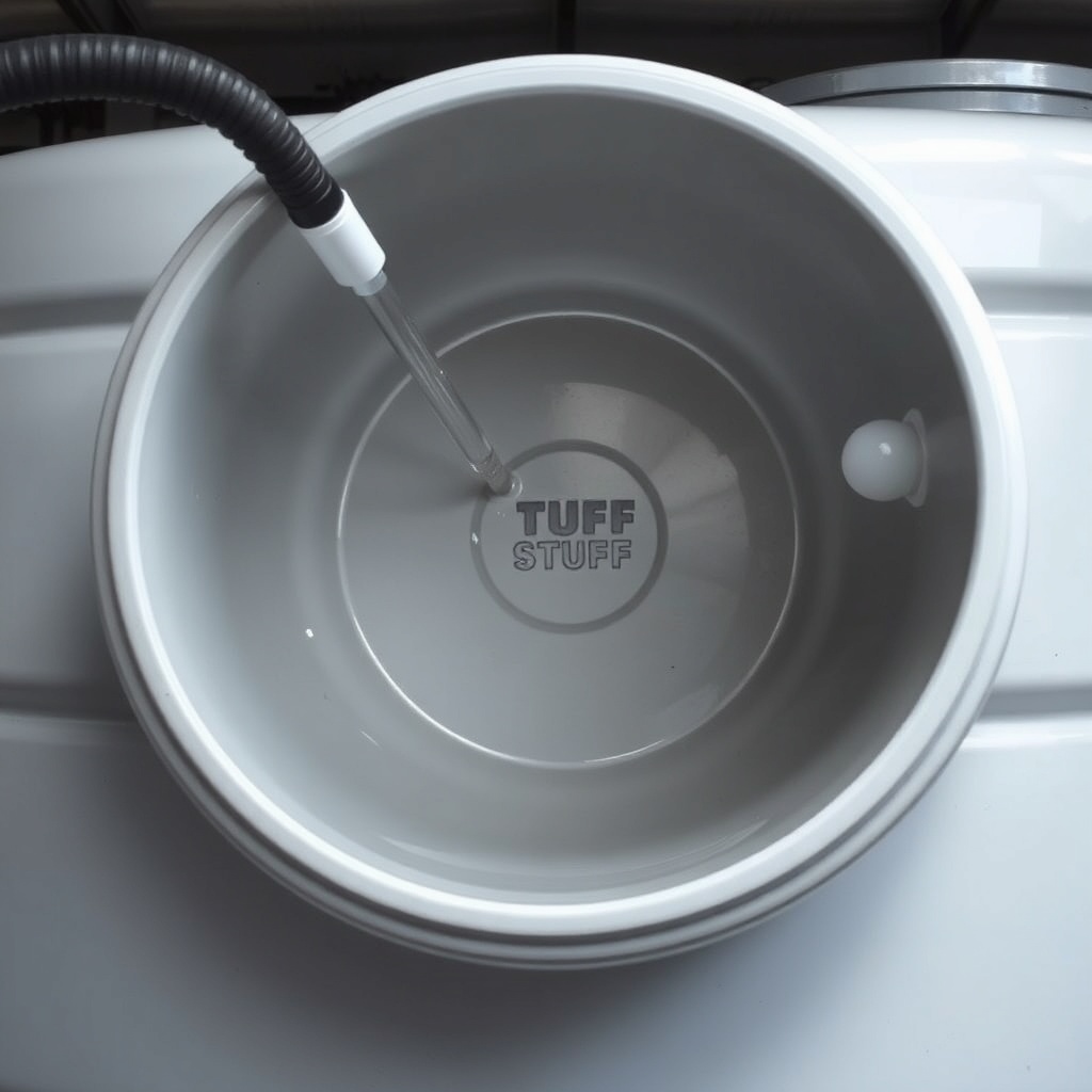 <clean photorealistic photo of a Tuff Stuff 200-gallon tank being tilted for cleaning