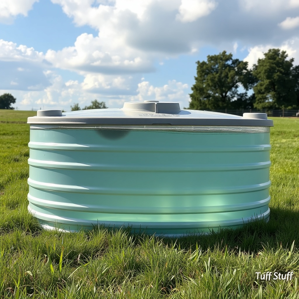 <A photorealistic photo of a Tuff Stuff 200-gallon oval stock tank sitting in a sunny past