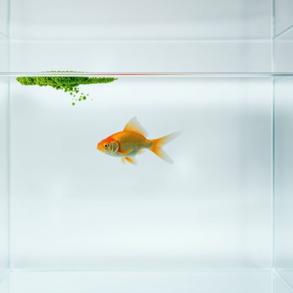 <A photorealistic photo of a standard goldfish swimming inside a clear