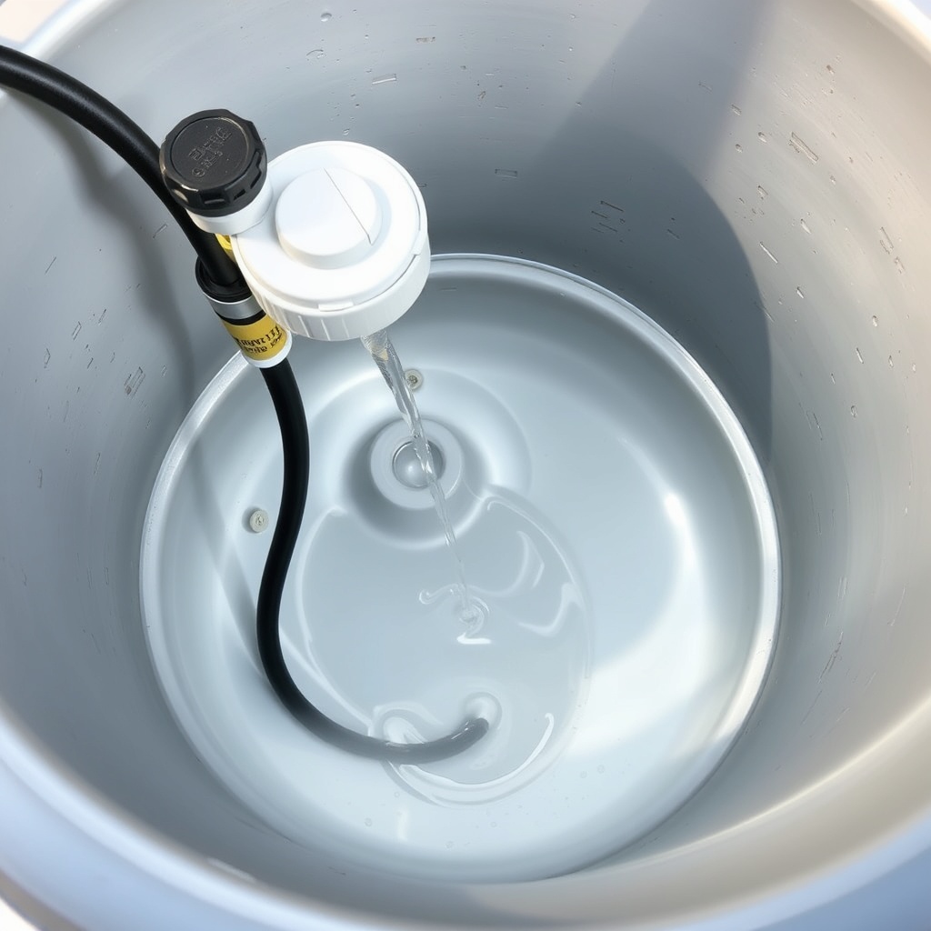 <clean photorealistic photo/illustration of a Tuff Stuff 200-gallon stock tank being fille