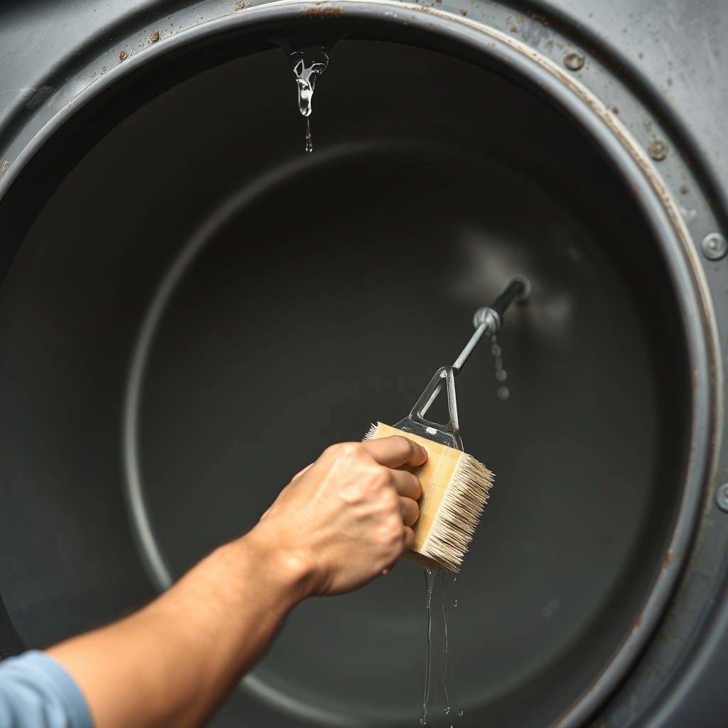 Close-up of a person scrubbing the interior wall of a Tuff Stuff 200-gallon stock tank wit