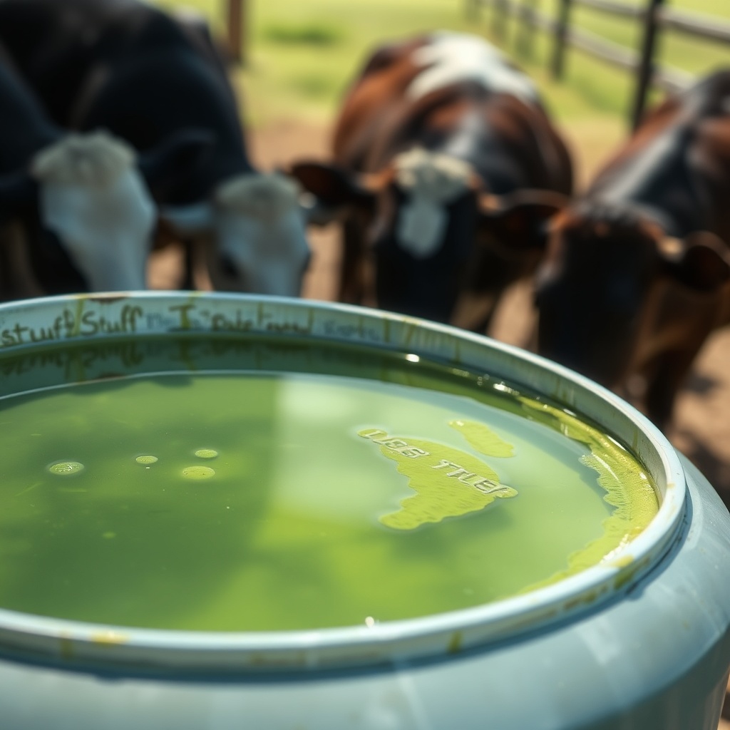 Close-up photorealistic photo of a Tuff Stuff 200-gallon stock tank with clear water and a