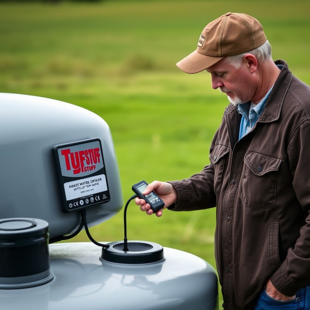 Photorealistic photo of a livestock owner testing water quality from a Tuff Stuff 200-gall