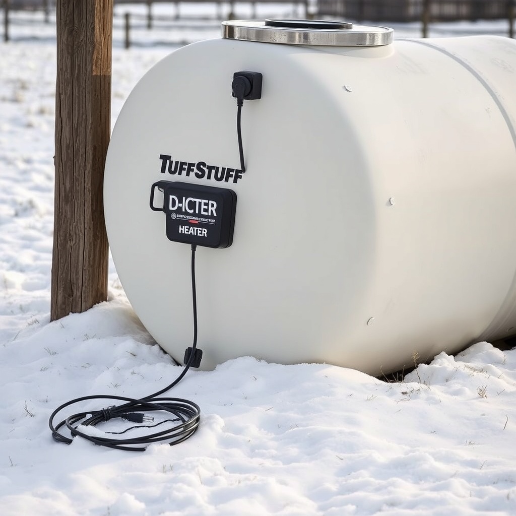 A photorealistic close-up of a Tuff Stuff 200-gallon stock tank in a snowy pasture