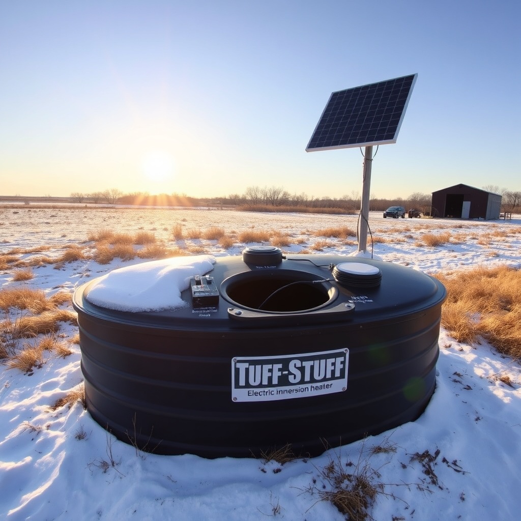 A photorealistic wide-angle shot showing a Tuff Stuff 200-gallon black oval stock tank sit