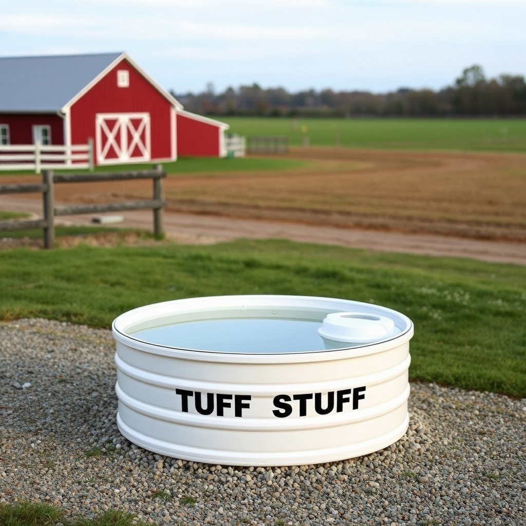 A photorealistic outdoor shot showing the Tuff Stuff 200-Gallon Stock Tank sitting on a le