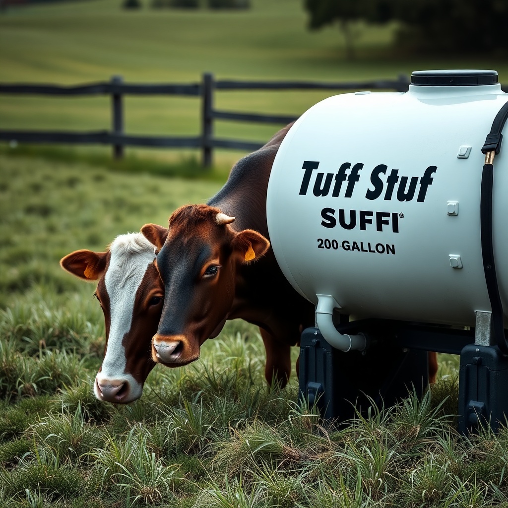 A photorealistic close-up of cattle drinking from a Tuff Stuff 200-Gallon tank in a grass