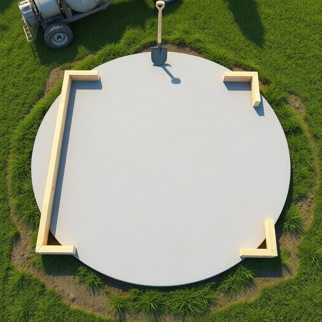 A photorealistic overhead view of a freshly poured concrete pad with wooden forms still in