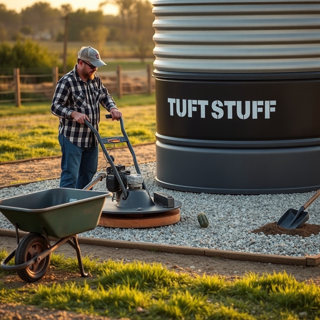 <clean photorealistic photo of a farmer using a plate compactor on a gravel base for a Tuf