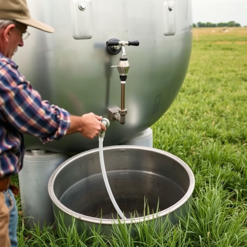 <clean photorealistic photo/illustration of a farmer inspecting the siphon drain valve on