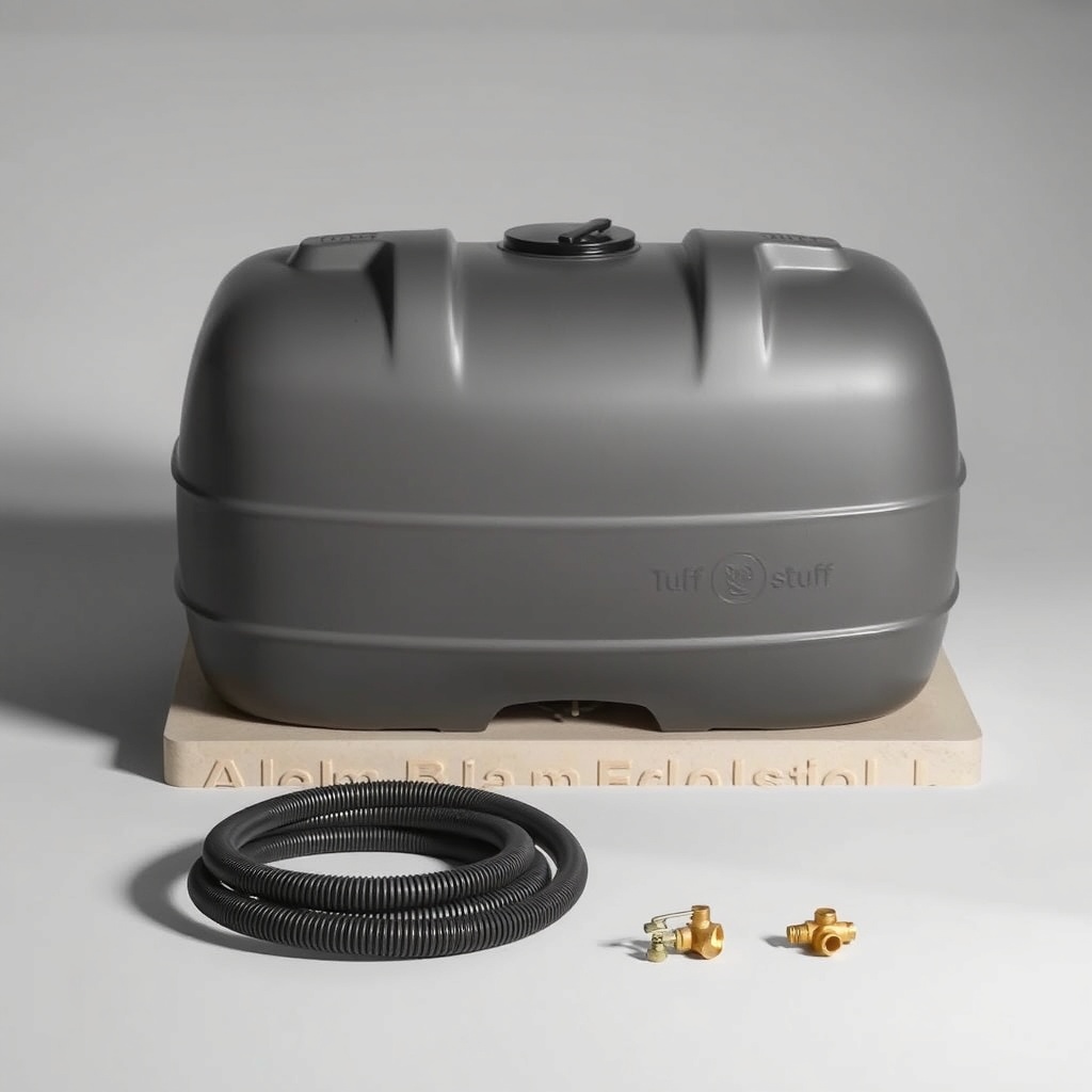 <clean photorealistic photo of a new Tuff Stuff 200-gallon stock tank sitting on leveled g
