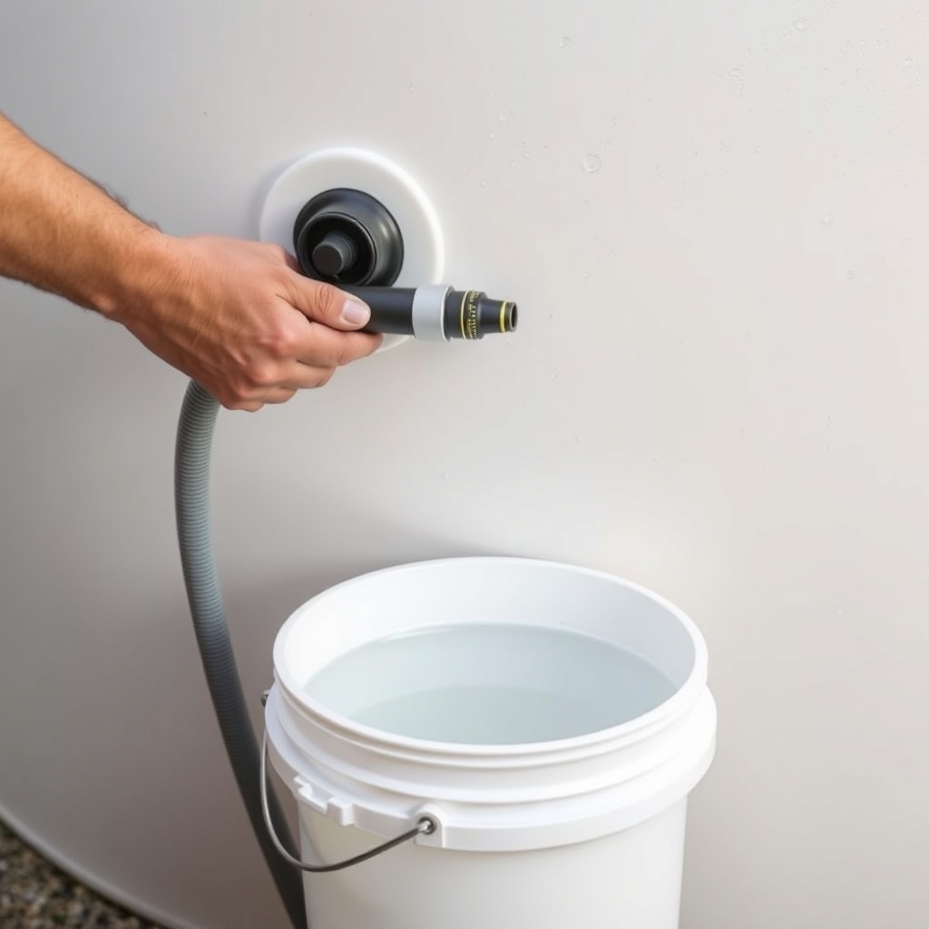 <clean photorealistic photo of a person's hands attaching a flexible hose to the drain val