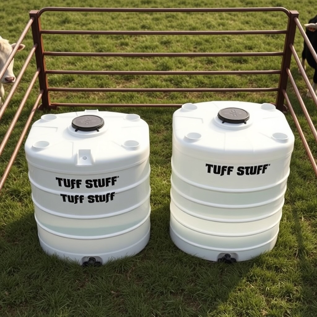 A photorealistic top-down view of a Tuff Stuff 200-gallon stock tank placed next to a Tuff