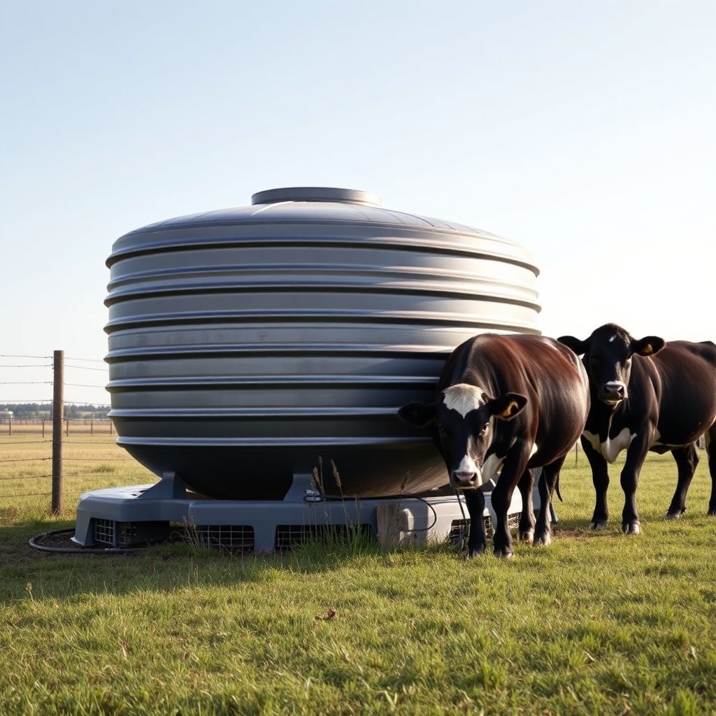 A photorealistic side-angle photo of a Tuff Stuff 200-gallon stock tank in a pasture with