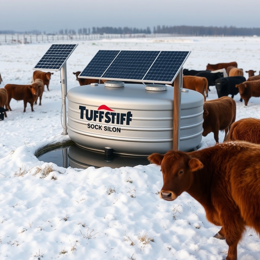 A photorealistic photo of a Tuff Stuff 200-gallon stock tank installed in a snowy pasture